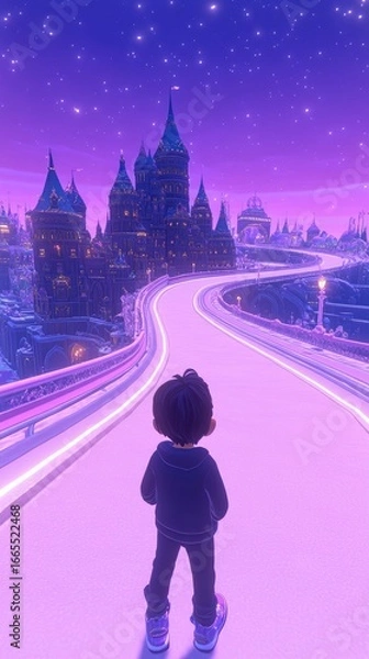 Obraz Journey through a radiant purple cityscape, a child walking towards a majestic castle