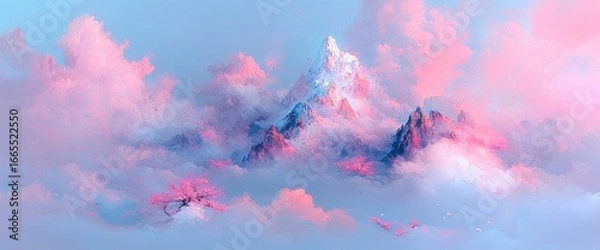 Obraz Majestic mountains rise amidst a cotton candy sky, shrouded in fluffy pink clouds