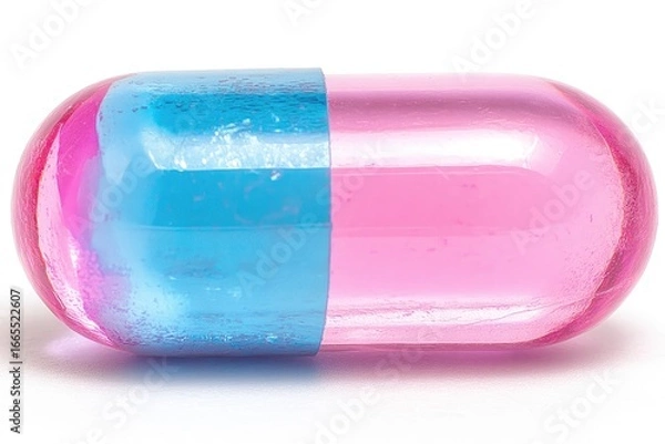 Obraz A translucent capsule, divided with pink on one side and blue on the other. Macro shot on a white backdrop