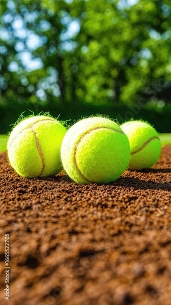 Obraz Three bright yellow tennis balls rest on dark red clay under a blurry background of lush green foliage