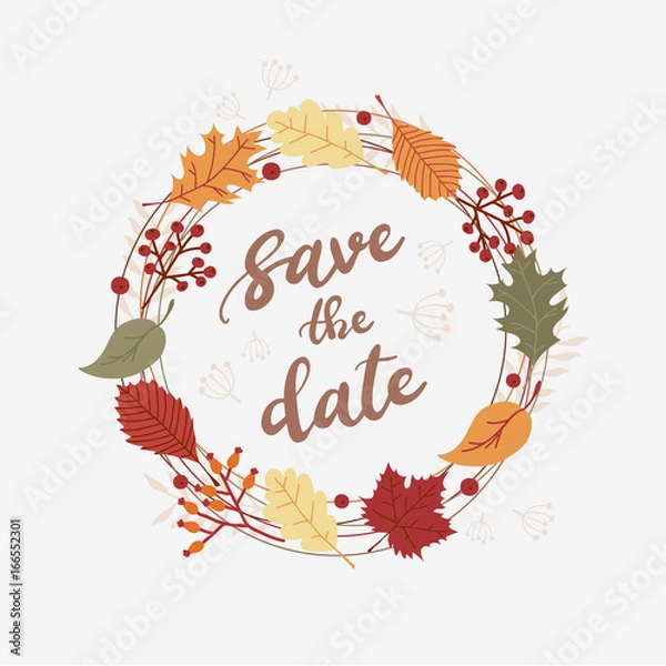 Fototapeta Autumn Wedding Invitation with Autumn Leaves Wreath and Save the Date Text.