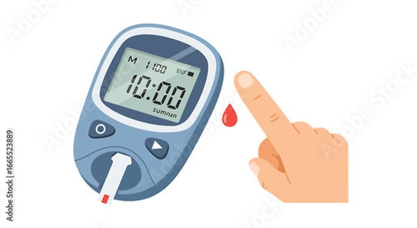 Fototapeta A digital illustration depicting a blood glucose meter displaying a reading, with a finger and a drop of blood nearby, representing diabetes testing.