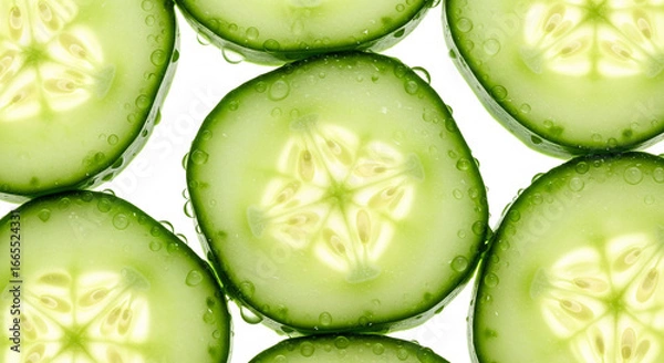 Fototapeta Close-up of fresh cucumber slices with visible water drops, crisp green texture, macro detail on clean white background