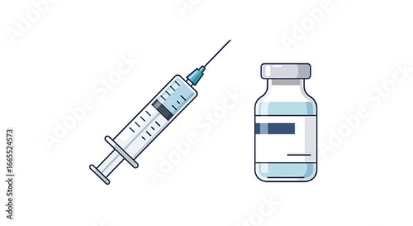 Fototapeta Medical illustration of a syringe and a vial, representing vaccination and healthcare.