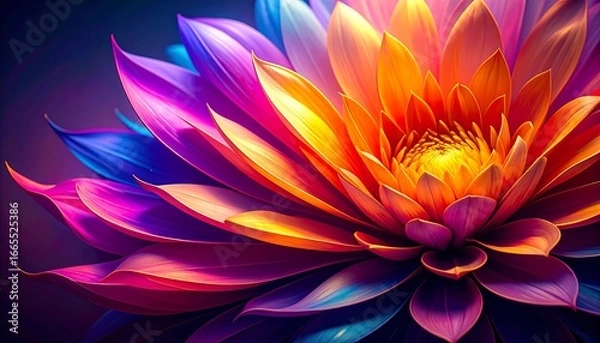 Fototapeta Vibrant, colorful flower petals radiate outward in a dramatic close-up image, showcasing a kaleidoscope of vibrant hues.