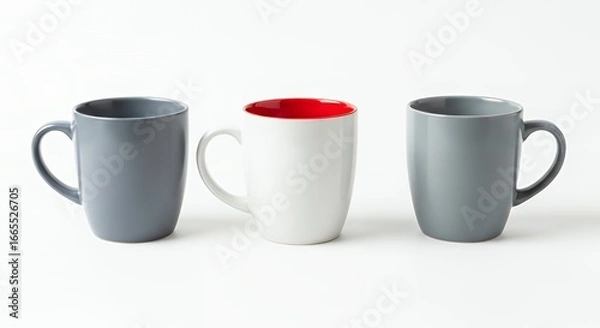 Fototapeta Three Ceramic Coffee Mugs on White Background with Minimalist Design