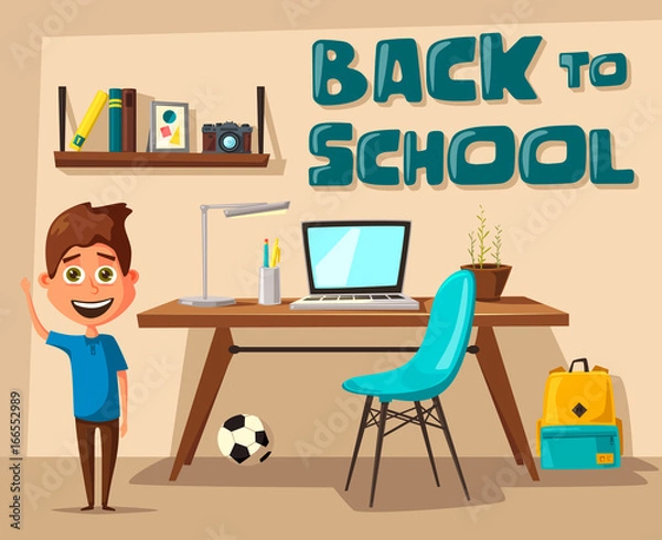 Fototapeta Schoolboy learns lessons at home. Cartoon vector illustration