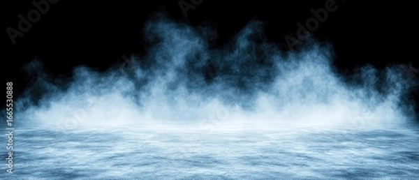 Obraz Ground level with bluish mist on a black background, vapor effect