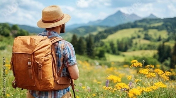 Obraz Hiker gazes at mountain range