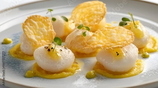 Fototapeta Gourmet Scallops with Crispy Garnish and Yellow Sauce