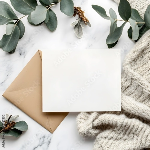 Fototapeta Blank Card Mockup with Eucalyptus and Knitted Sweater
