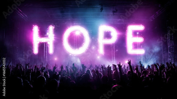 Obraz Vibrant concert scene with large illuminated sign spelling HOPE in bright pink lights, surrounded by enthusiastic crowd raising their hands in celebration and unity