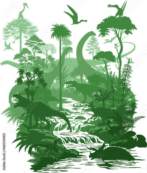 Fototapeta vector river in rainforest jungle with dinosaurs