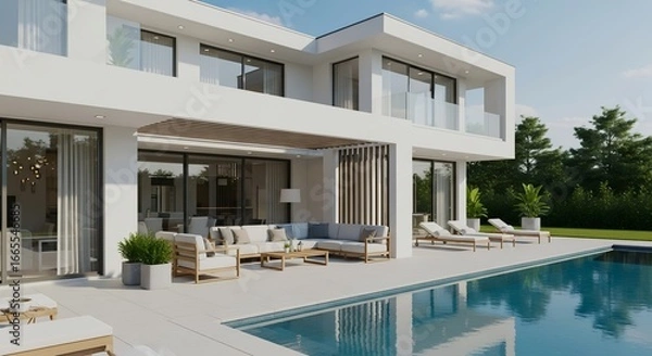Fototapeta A modern white house with a pool and patio furniture on a sunny day showcasing luxurious living