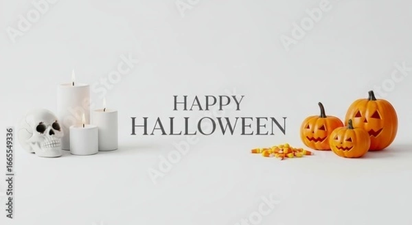 Fototapeta A simple happy halloween display with pumpkins candles skull and candy on a white background space