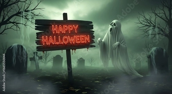 Fototapeta A spooky halloween scene with a ghost and a happy halloween sign in a graveyard with fog and trees