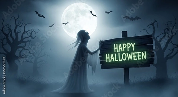 Fototapeta A ghostly figure stands next to a happy halloween sign under a full moon with bats flying around