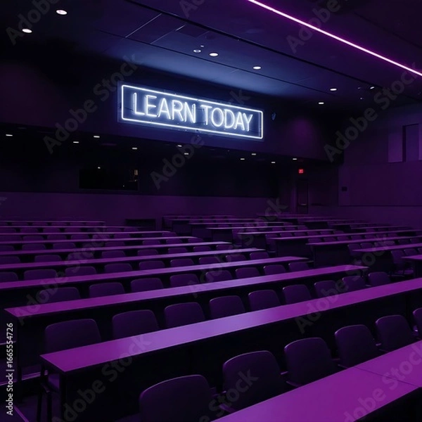 Fototapeta An empty lecture hall bathed in a violet glow. A large, rectangular neon sign with 'LEARN TODAY' in bold white letters hangs above the seats.