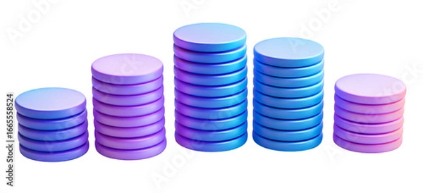 Obraz 3D Render of a row of four stacks of disks with a gradient of purple to blue on a transparent background, PNG