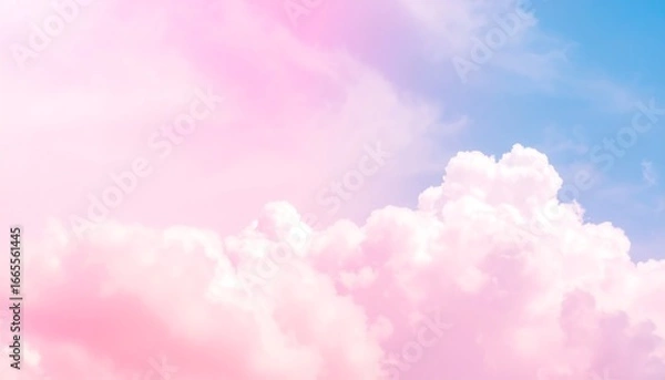 Fototapeta A serene sky filled with fluffy, pastel clouds, showcasing a dreamy and soft color palette of pink and blue.