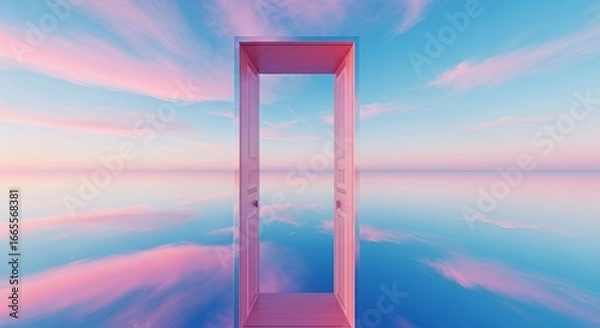 Fototapeta Pink Doorway Opening in Surreal Dreamlike Sky with Reflective Water Surface