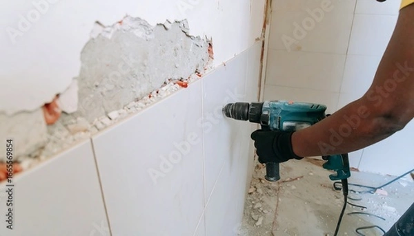 Obraz A person in work gloves uses a drill to make a hole in a tiled wall during renovation.