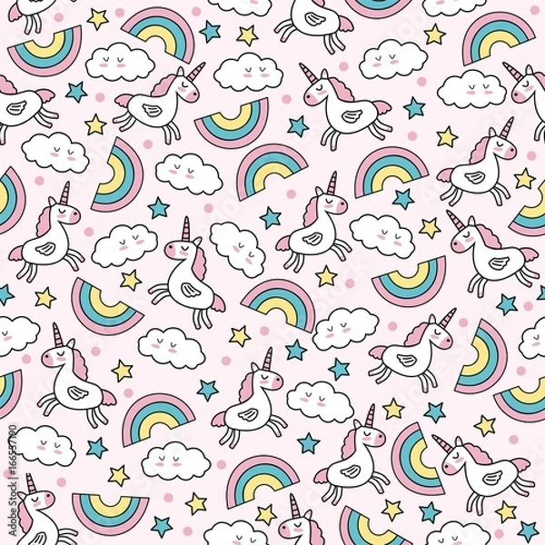 Fototapeta Cute vector seamless pattern with unicorns and rainbows.