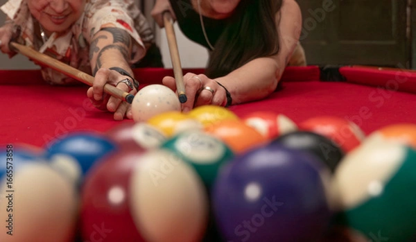 Obraz young couple playing pool