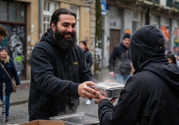 Obraz A kind bearded volunteer giving a warm container of food to a person in need on the street, an act of community charity and support.