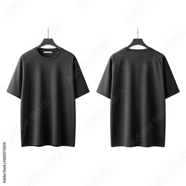 Fototapeta Two plain dark gray t-shirts displayed front and back on hangers transparent background
