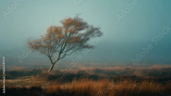 Obraz A lone tree stands in a field of tall grass under a hazy blue and brown sky landscape