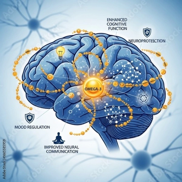 Fototapeta Brain Connectivity and Omega-3 Power: An illuminating image unveils the profound influence of Omega-3 on the human brain, emphasizing cognitive function, neuroprotection, and overall well-being.