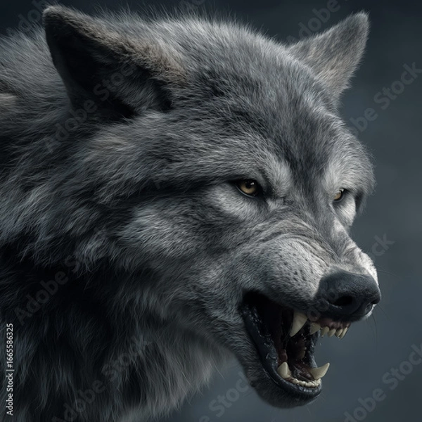 Fototapeta Growling gray wolf showing teeth and claws