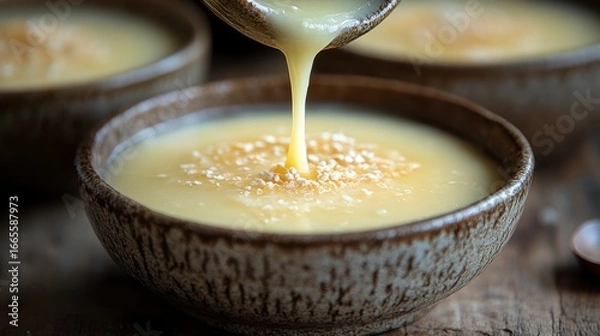 Fototapeta Creamy Dessert with Drizzling Sauce and Topping in Rustic Bowl