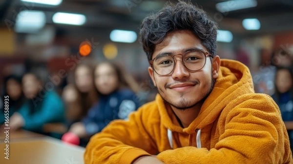 Fototapeta Smiling young man in cozy hoodie with blurred classroom background