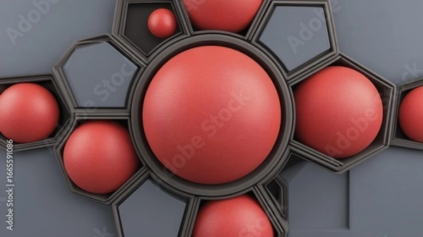 Fototapeta Intricate arrangement of red spheres, geometric pattern, abstract background - circular  design