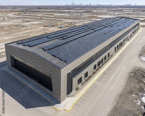 Fototapeta Industrial factory with extensive ground-level solar array for on-site power - production power farm exterior