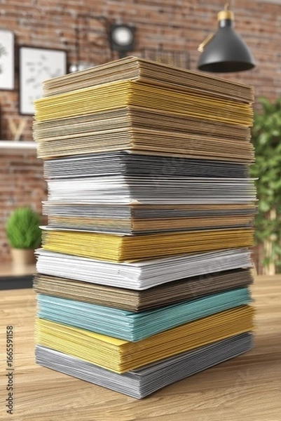 Fototapeta Large stack of papers on a desk, representing workload - stationery overflowing bills keyboard