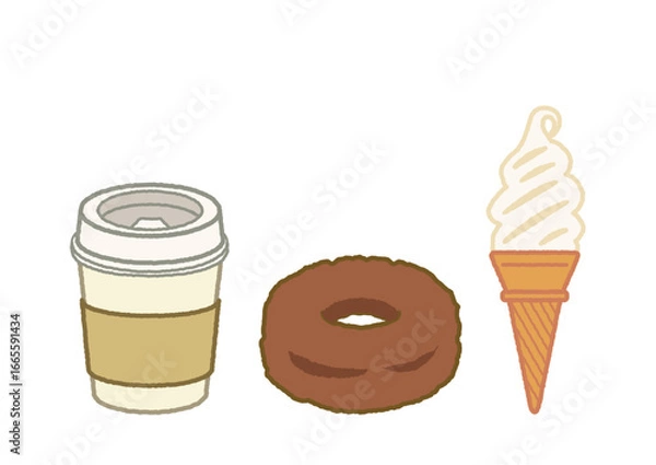 Obraz カフェメニュー イラスト ドーナツとソフトクリームと珈琲