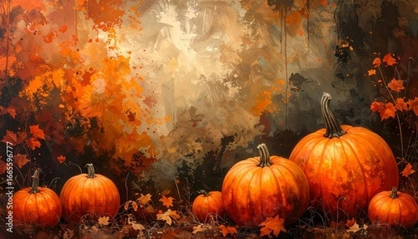 Obraz Vintage Halloween grunge background with rustic pumpkins and spooky retro texture