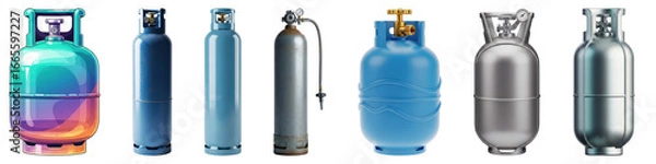 Fototapeta Collection of various gas cylinders and propane tanks isolated on transparent background