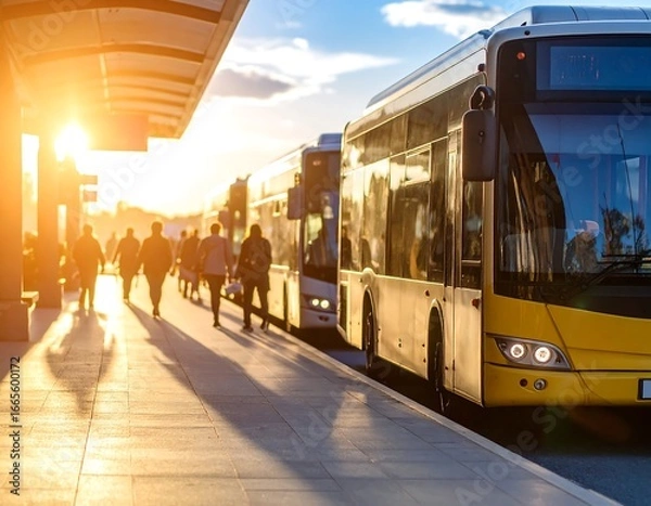 Fototapeta Sunset Bus Stop Passengers Commute.