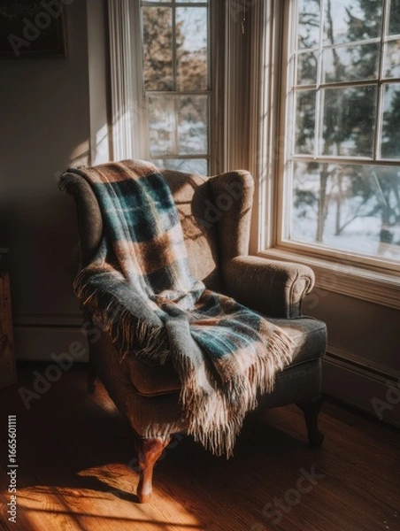 Fototapeta Cozy Armchair by the Window With a Warm Blanket on a Sunny Winter Afternoon