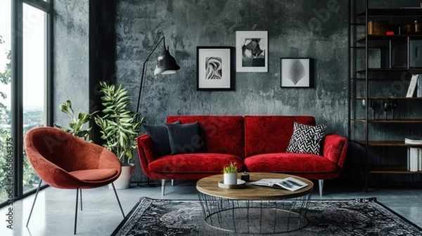 Fototapeta A modern, minimalist living room with a red velvet sofa, black and white framed art, and a black bookshelf.
