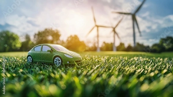 Fototapeta A green toy car with grass on its wheels and a grassy field with wind turbines in the background.