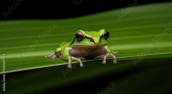 Fototapeta Vibrant Green Tree Frog Adorning a Verdant Leaf in Natural Habitat
