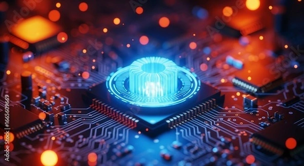 Obraz Glowing blue processor on circuit board technology