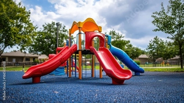Fototapeta A colorful playground with red, blue, and yellow slides and a yellow and orange play structure.