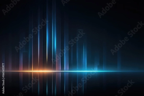 Fototapeta Futuristic city skyline, vibrant glowing lines, dark background, reflected light
