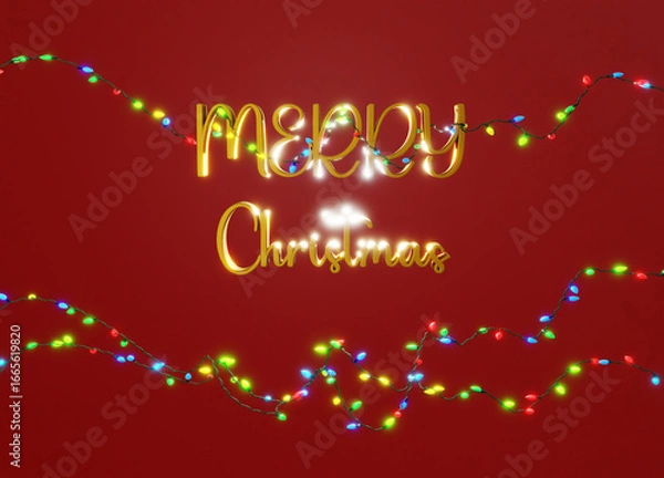 Fototapeta Christmas red background with realistic decoration from glass light garland. Merry Christmas Greeting card. Festive bright design. Image 3D rendering.